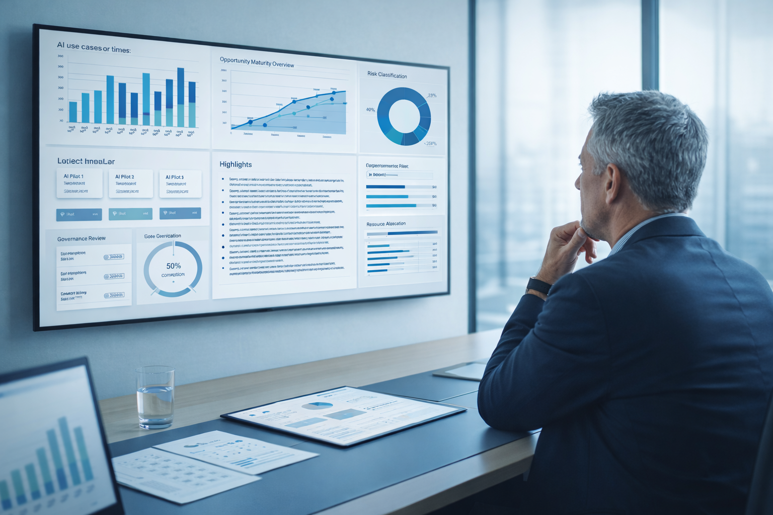 Executive reviewing AI analytics dashboard in a boardroom setting